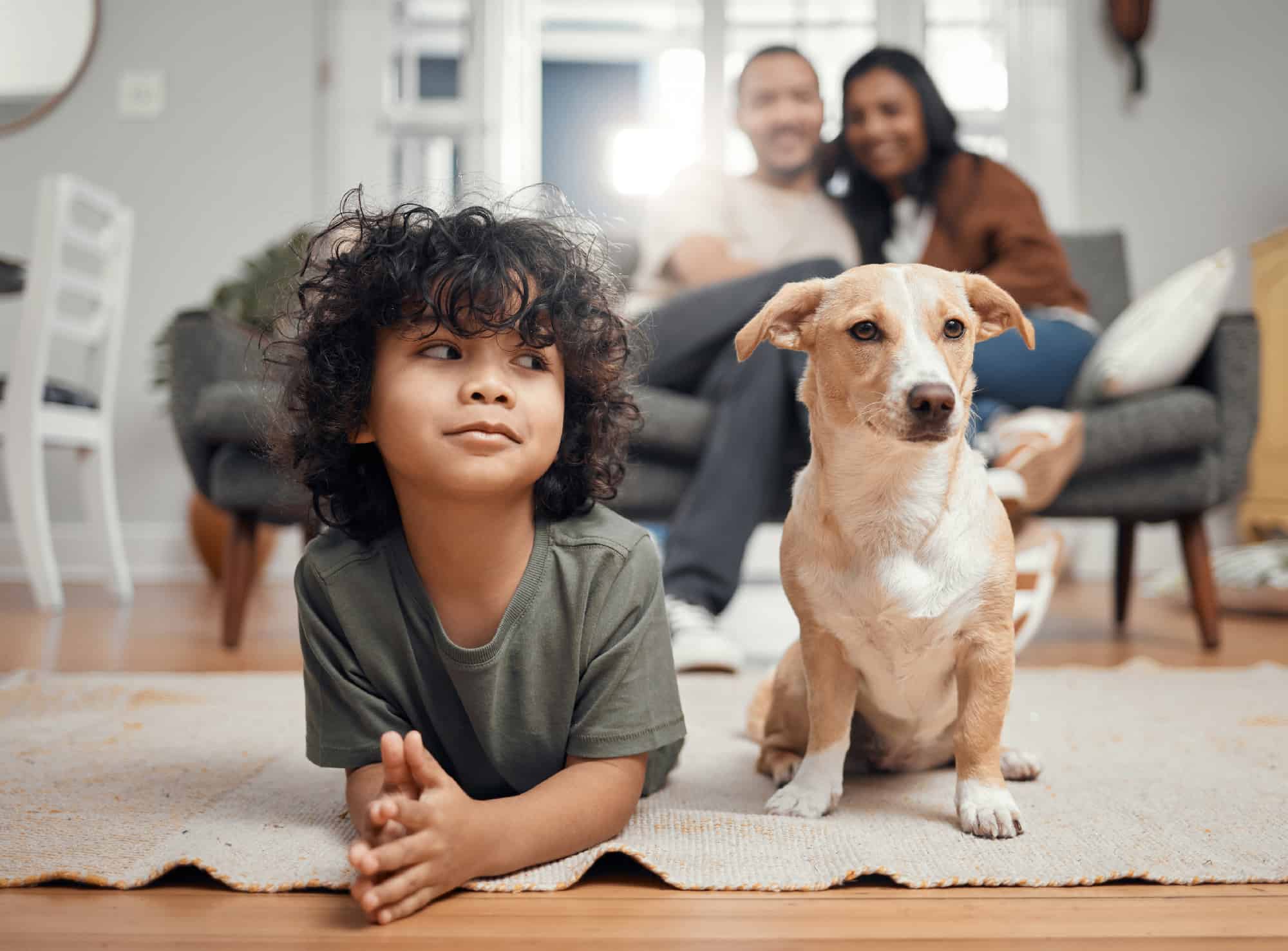 Child on living room floor with dog