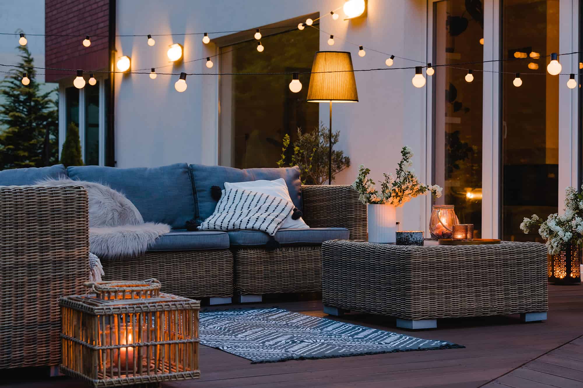 Outdoor seating area with string lights