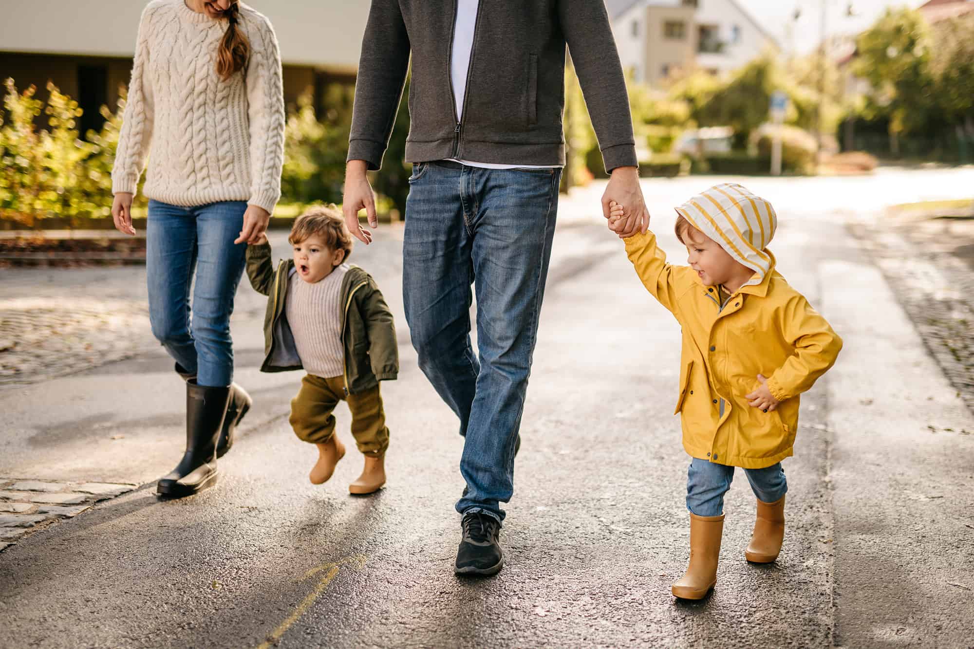 Young family walking outside